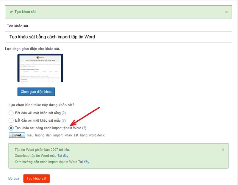 Tạo khảo sát bằng cách import file word